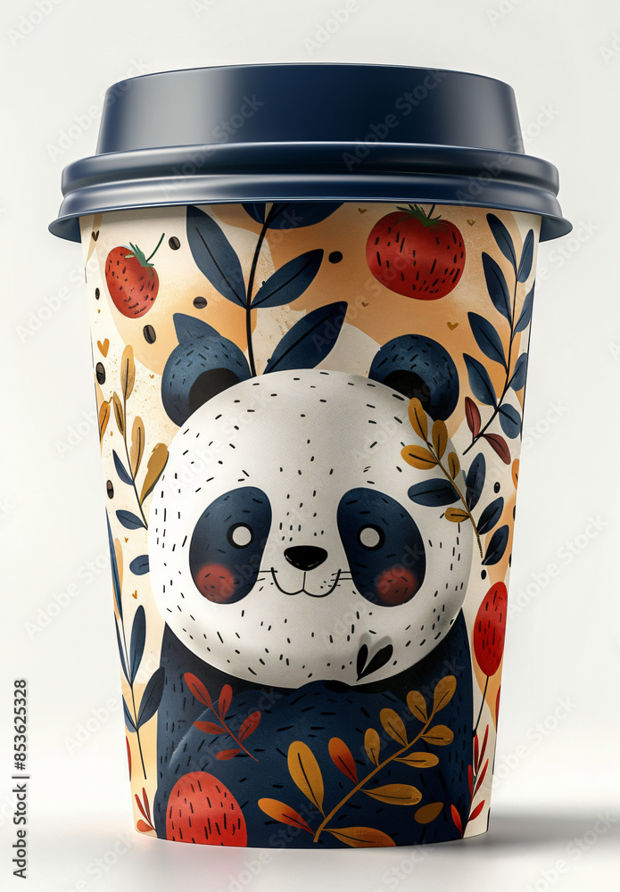Obraz premium A panda whale cartoon design on the side of an isolated tall paper coffee cup with blue lid, vibrant colors, white background, product photography 