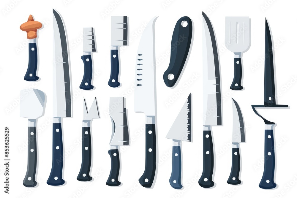 Collection of sharp knives arranged on a clean white surface, great for illustrating knife-related concepts or adding visual interest to any project Collection of sharp knives arranged on a clean white surface, great for illustrating knife-related concepts or adding visual interest to any project