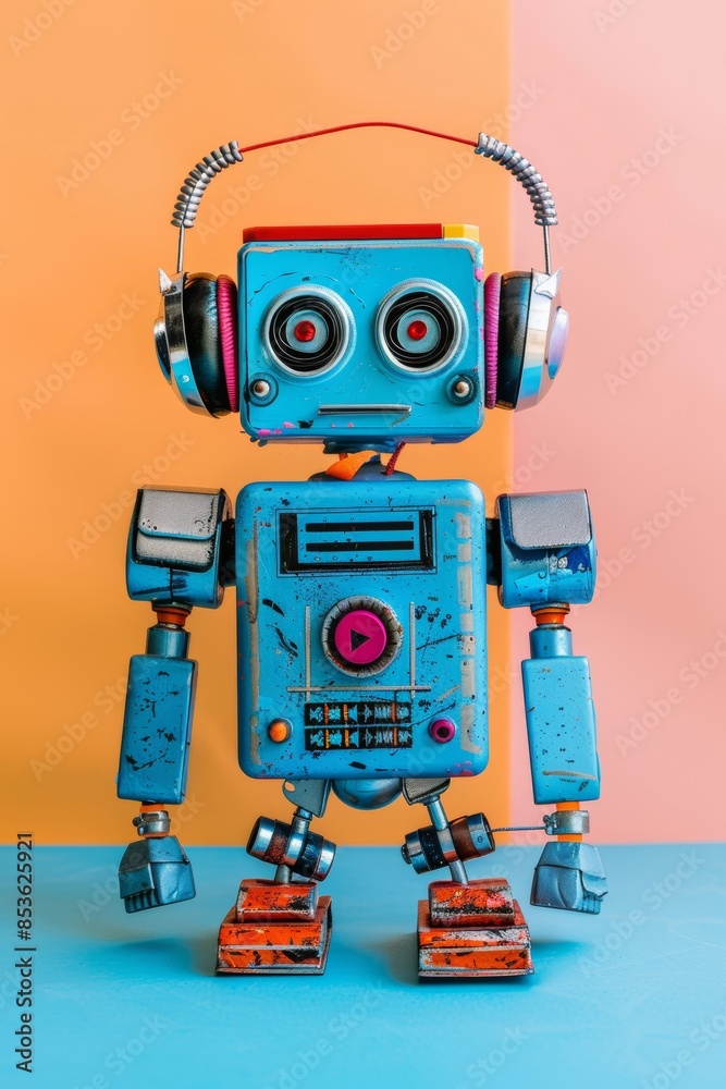 Cute robot with headphones on pastel background, ideal for text placement in a music themed poster Cute robot with headphones on pastel background, ideal for text placement in a music themed poster