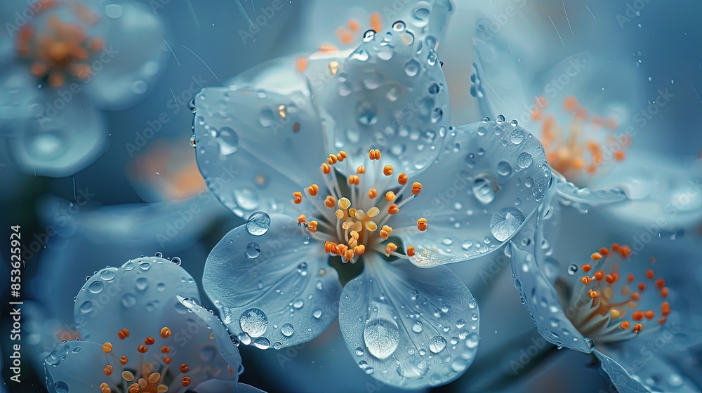 A close up of a blue flower with droplets of water on it A close up of a blue flower with droplets of water on it