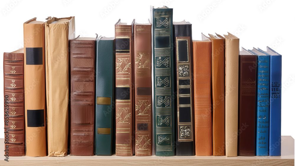 Naklejka premium Bookshelf filled with books and documents, each book with distinct titles and details, transparent background