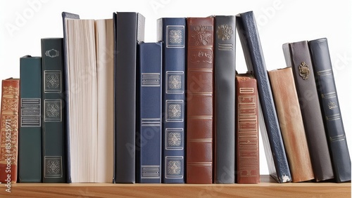 Bookshelf filled with books and documents, each book with distinct titles and details, transparent background