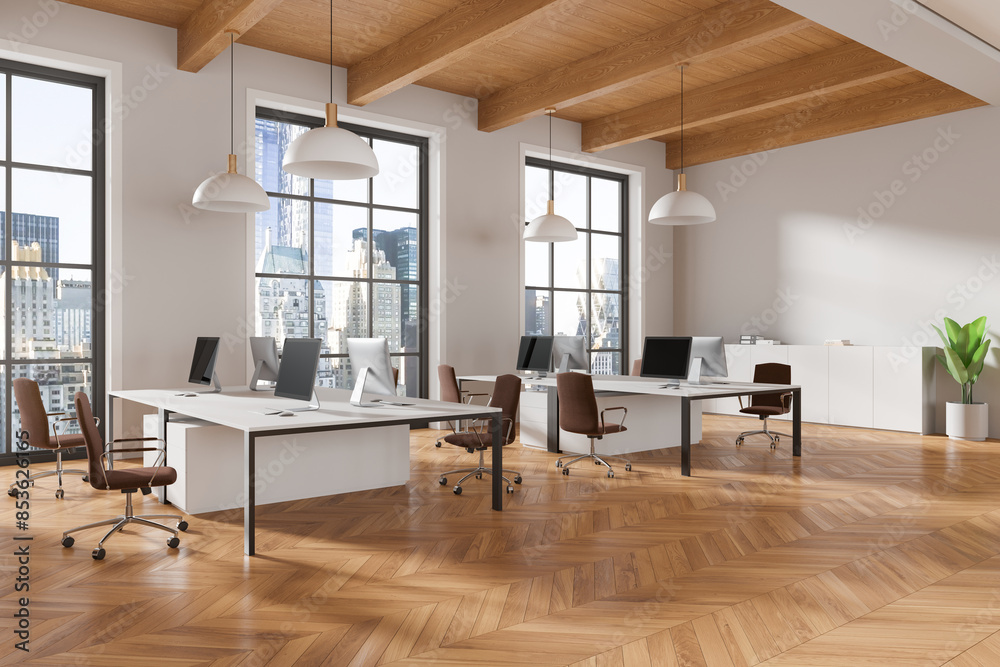 Fototapeta premium Modern open office, wooden ceiling and floor, large windows with city view. Contemporary workspace concept. 3D Rendering