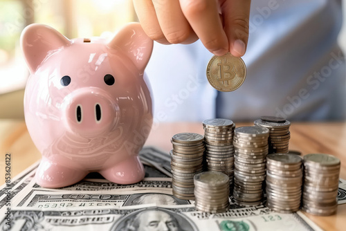 Close up piggy bank with stack of coins on the table for saving money concept.