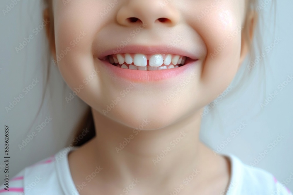 Obraz premium Close-up of a bright smiling European girl child showing off healthy white teeth