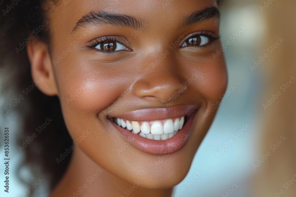 Close-up of a bright smiling African young woman child showing off healthy white teeth Close-up of a bright smiling African young woman child showing off healthy white teeth