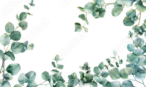 Herbal Eucalyptus Leaves Frame: Isolated on White Transparent Background, PNG, Minimalist Greenery Wedding Invitation, Watercolor Style Card