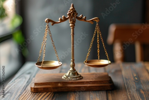 A traditional symbol of fairness and impartiality, a scale of justice sits atop a wooden table