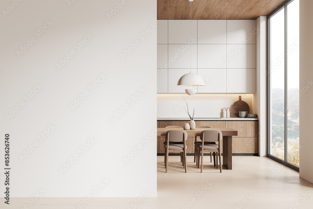 Elegant home kitchen interior with dining table and chairs, cabinet and window Elegant home kitchen interior with dining table and chairs, cabinet and window