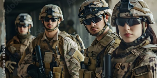 Military personnel including soldiers security SWAT and mercenaries form a cohesive team. Concept Military personnel, soldiers, security, SWAT, mercenaries, cohesive team photo