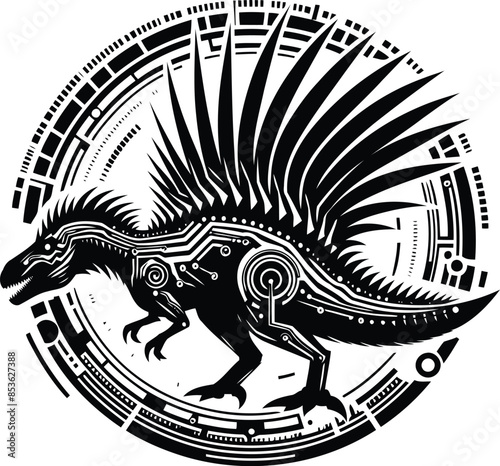 spinosaurus silhouete with cyberpunk pattern illustration