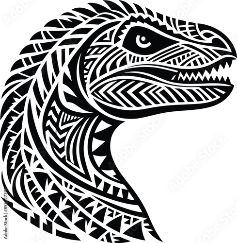 spinosaurus in silhouete with Polynesian ethnic pattern illustration
