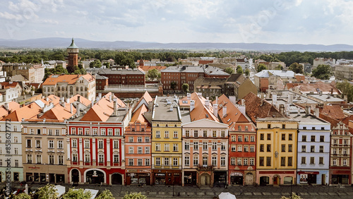 Świdnica, widok na rynek i na miasto z Wieży Ratuszowej, kolorowe zabytkowe kamienice wokół Świdnickiego rynku, Dolny Śląsk. Panorama miasta. photo
