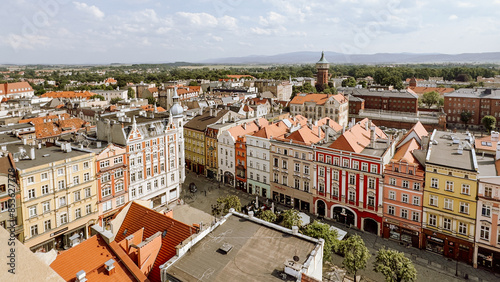 Świdnica, widok na rynek i na miasto z Wieży Ratuszowej, kolorowe zabytkowe kamienice wokół Świdnickiego rynku, Dolny Śląsk. Panorama miasta. photo