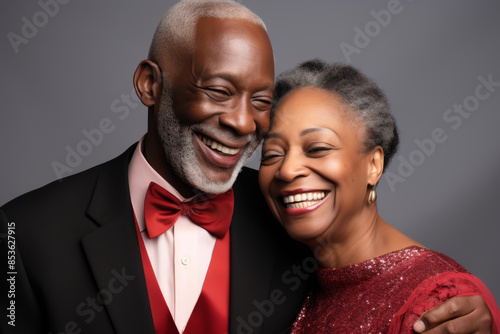 Portrait of an African American senior couple smiling, with a blank space for text. Black history and love concept. © ChimE