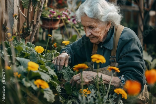 A senior woman tending to a garden planting flowers and vegetables showcasing the benefits of gardening for mental and physical health