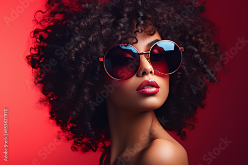 Stunning young AfroAmerican woman with curly black hair and sunglasses exudes beauty and confidence.