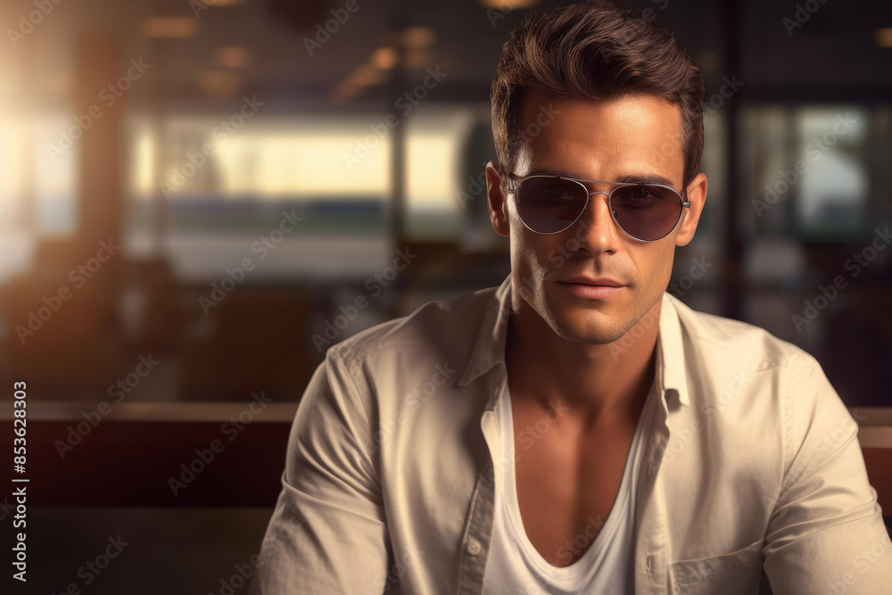 Lifestyle concept of a man travelling on holiday, captured in a beautiful airport background. Lifestyle concept of a man travelling on holiday, captured in a beautiful airport background.