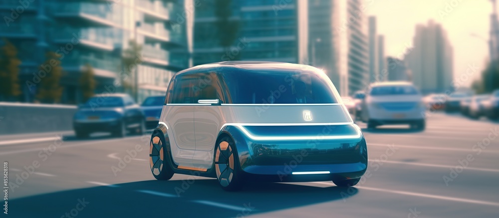 Shot of a Futuristic Self-Driving Van Moving on a Public Highway in a Modern City, Autonomous Concept Vehicle Shot of a Futuristic Self-Driving Van Moving on a Public Highway in a Modern City, Autonomous Concept Vehicle