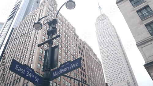 New York City crossroad, street intersection road sign on post. Empire State building, Midtown district, Madison avenue, 34, NYC, United States. Highrise skyscraper architecture, corner text roadsign.
