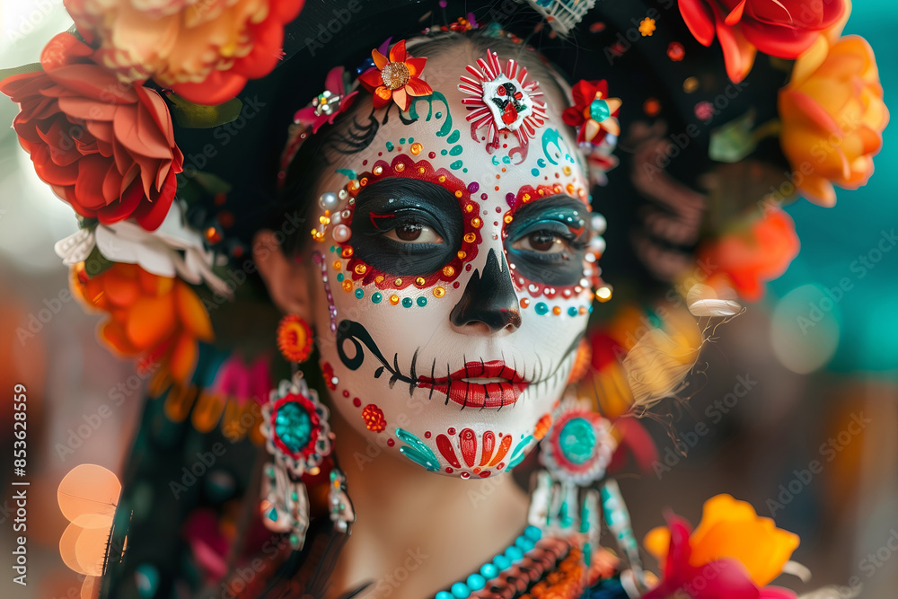 Young woman with painted skull on her face for Mexico's Day of the Dead. Dia de los muertos. Calavera Catrina against color background. Halloween Young woman with painted skull on her face for Mexico's Day of the Dead. Dia de los muertos. Calavera Catrina against color background. Halloween