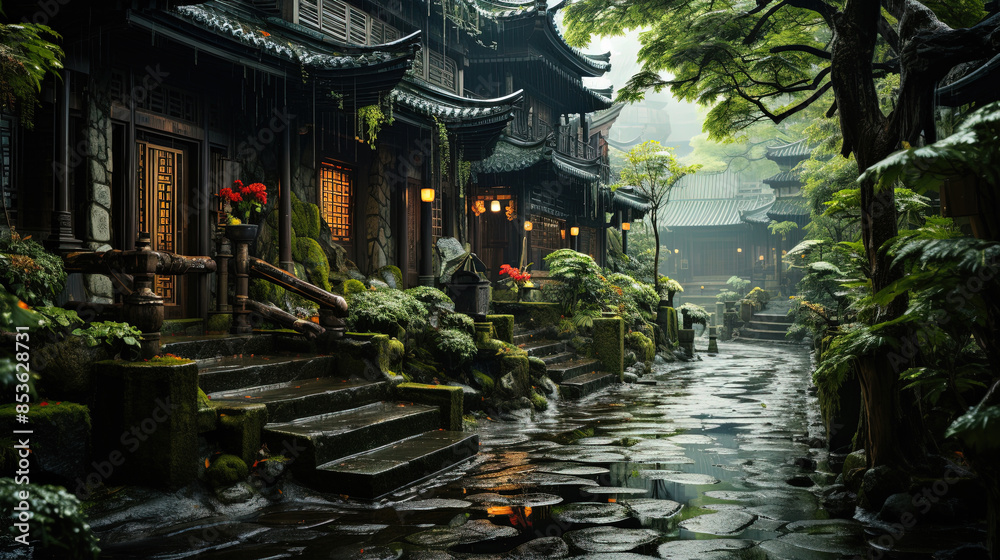 Obraz premium Japanese Houses With Lots Of Green Plants And Trees Landscape Background