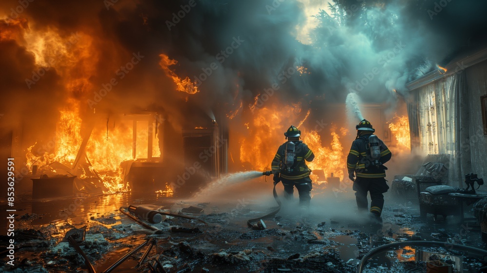 Obraz premium a couple of firefighters extinguishing a fire in an apartment 