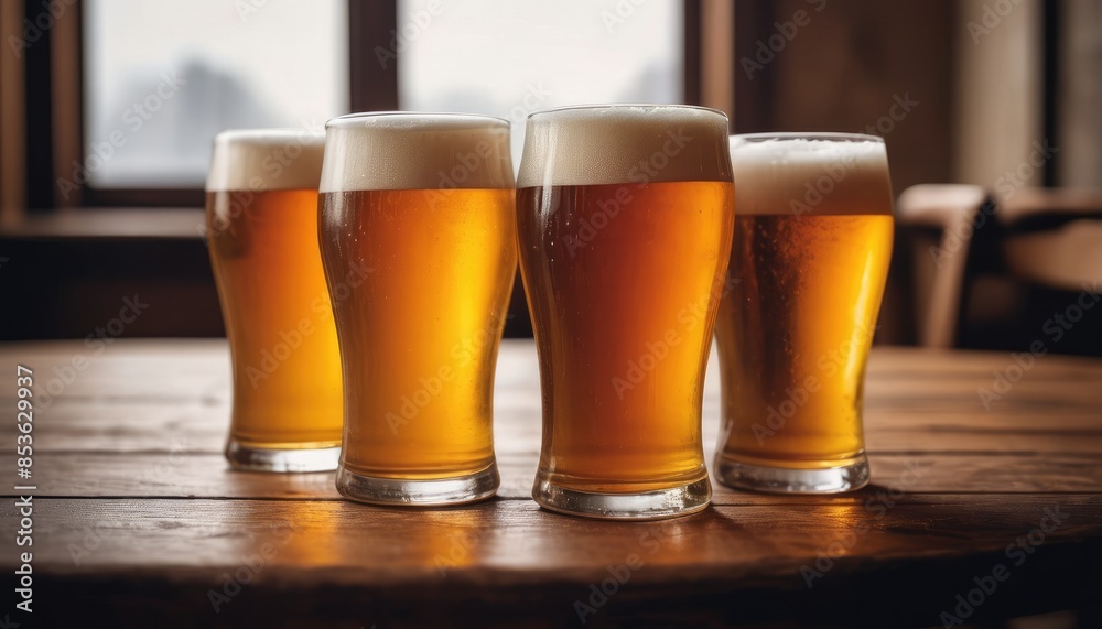 Frothy beer glasses, perfectly chilled, standing in a row on a wooden surface, inviting you to enjoy a refreshing drink Frothy beer glasses, perfectly chilled, standing in a row on a wooden surface, inviting you to enjoy a refreshing drink