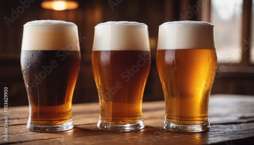 Refreshing glasses of beer with a beautiful golden color and foamy tops, arranged on a rustic wooden table, ready to be enjoyed