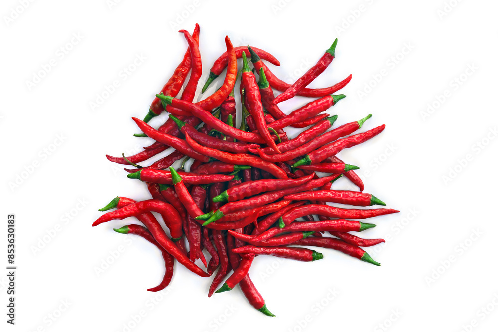 Fototapeta premium Fresh red chili pepper on a white background. Top view, flat lay