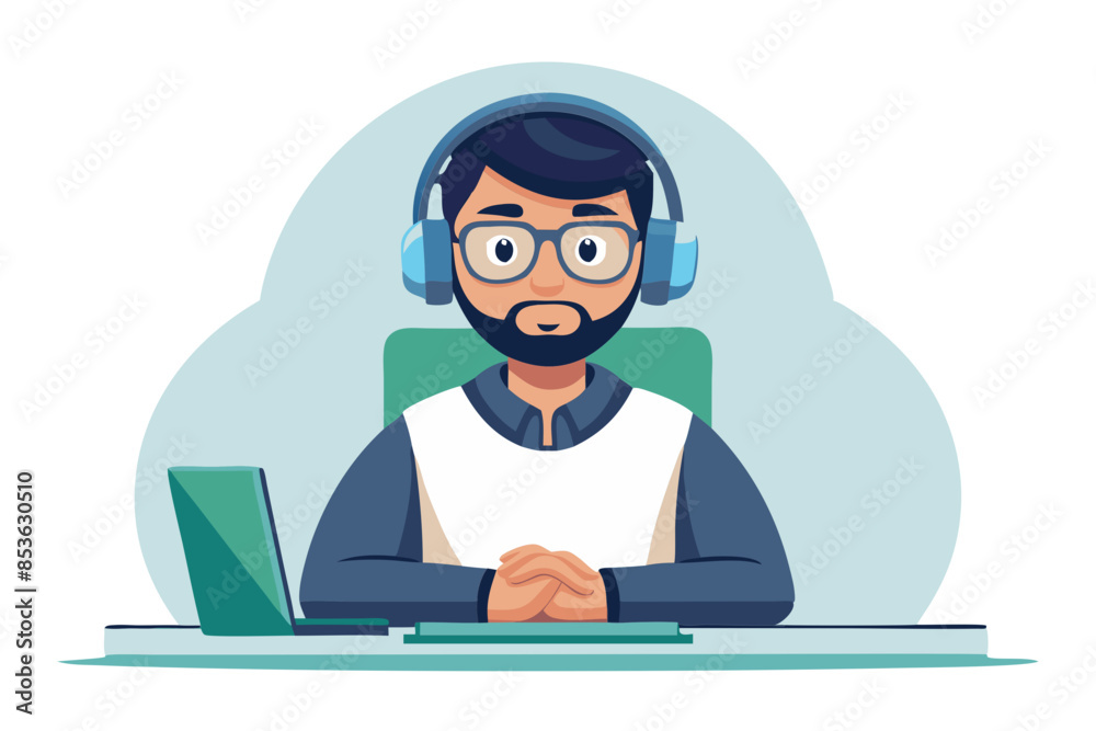 Portrait of a young Muslim man sitting at an office desk wearing a headset and glasses folded his hands together and looks seriously at the camera modern flat design simple vector illustration Portrait of a young Muslim man sitting at an office desk wearing a headset and glasses folded his hands together and looks seriously at the camera modern flat design simple vector illustration