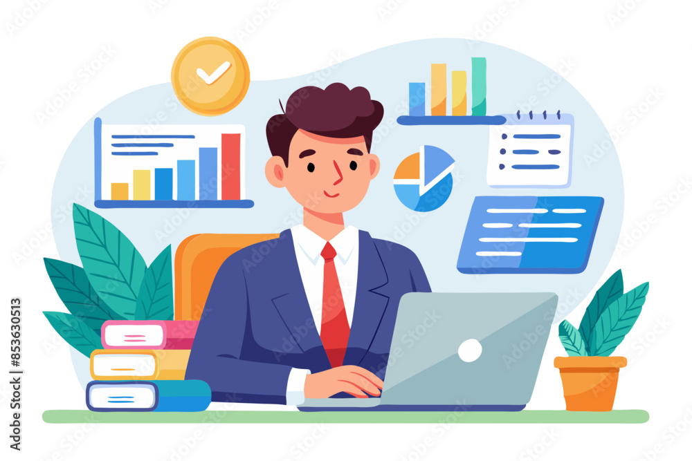 Serious young man accountant auditor analyst works in the office at the table behind the laptop and with documents Writes invoices makes analysis fills out financial reporting and taxation modern