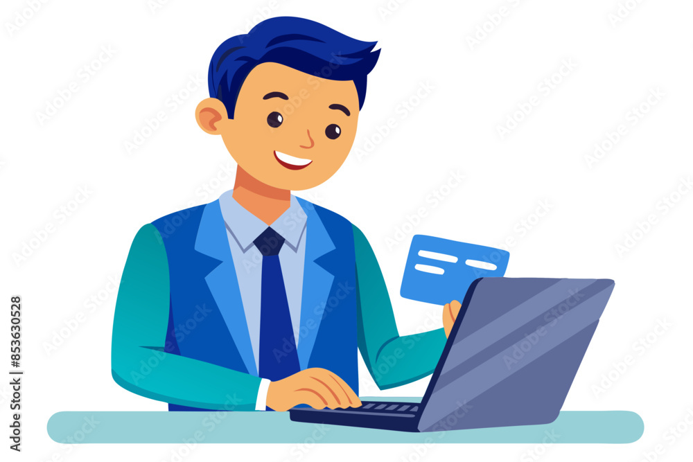 A close-up photo of a body part The hands of a young male office worker in a blue shirt are holding a credit card and typing on a laptop keyboard modern flat design simple vector illustration A close-up photo of a body part The hands of a young male office worker in a blue shirt are holding a credit card and typing on a laptop keyboard modern flat design simple vector illustration