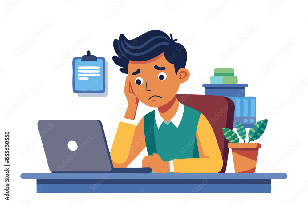 Upset and worried young Indian man sitting in the office at the desk holding his head and looking frustrated at the phone screen modern flat design simple vector illustration isolated transparent Upset and worried young Indian man sitting in the office at the desk holding his head and looking frustrated at the phone screen modern flat design simple vector illustration isolated transparent