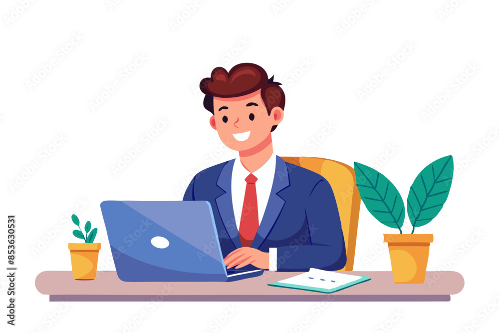 A smiling young man works in the office sits at a desk in front of a laptop screen and shows data on documents with a pen conducts an online business meeting modern flat design simple vector A smiling young man works in the office sits at a desk in front of a laptop screen and shows data on documents with a pen conducts an online business meeting modern flat design simple vector