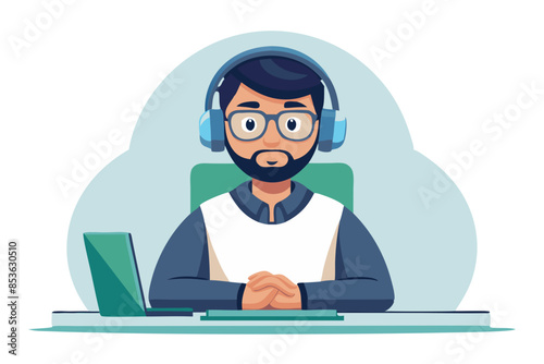 Portrait of a young Muslim man sitting at an office desk wearing a headset and glasses folded his hands together and looks seriously at the camera modern flat design simple vector illustration