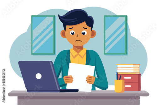 Portrait of a worried young Indian man working in the office at a table with a laptop holding documents in his hands looking disappointed at the camera and spreading his hands modern flat design