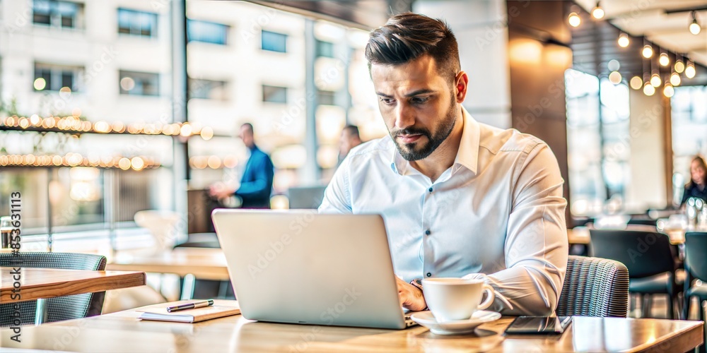 A businessman sits in a cafe and looks at a laptop. A businessman sits in a cafe and looks at a laptop.