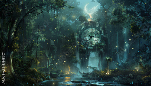 A clock tower in a forest with a clock that is set at 10:00 by AI generated image