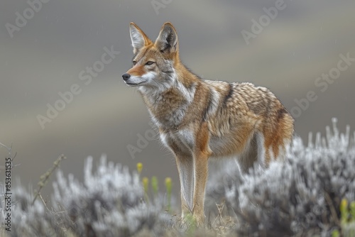 A Ethiopian wolf trotting across the highlands, its slender, reddish body and pointed ears keenly alert to its surroundings.  © Nico