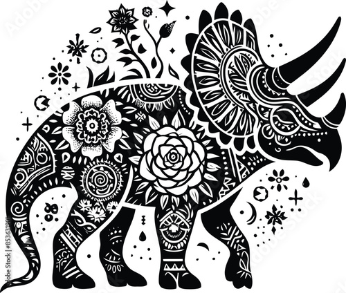 triceratops in silhouete with bohemian nature pattern illustration