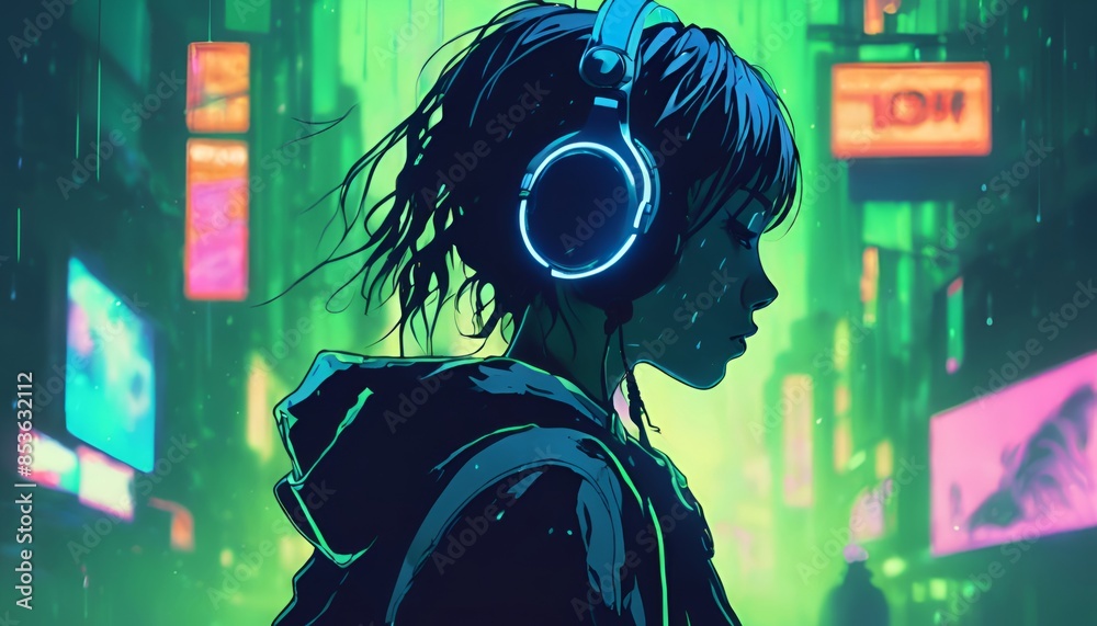 Fototapeta premium girl in headphones in the rain of a night city