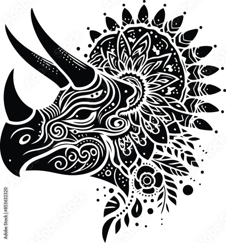 triceratops in silhouete with bohemian nature pattern illustration
