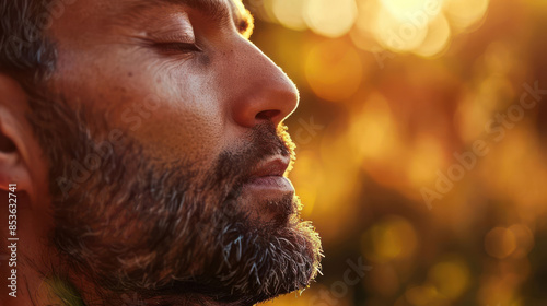 Closeup of a person meditating with their eyes closed, focusing on mindfulness, serene nature background