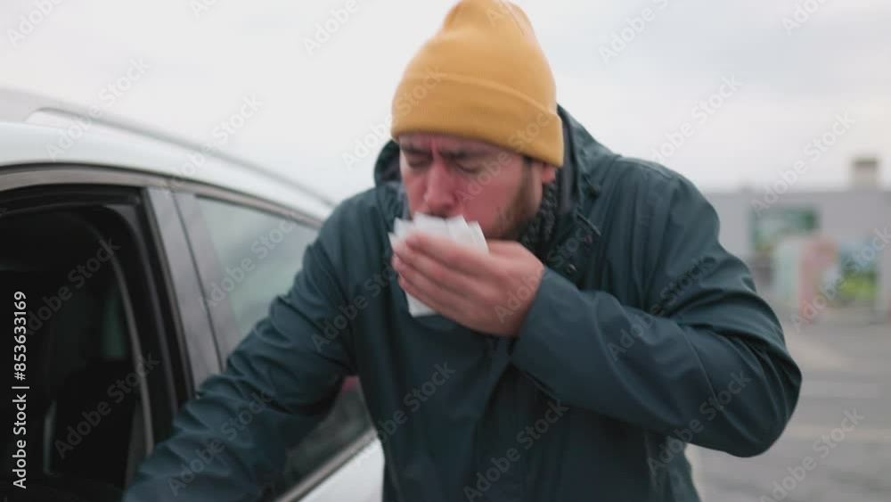 Seasonal Strain Capturing a Bearded American Flu Ordeal in City Outdoors