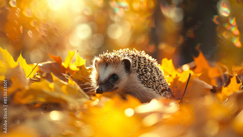 A cute hedgehog nestled among autumn leaves, enjoying the warm golden light of fall.
A cute hedgehog nestled among autumn leaves, enjoying the warm golden light of fall.