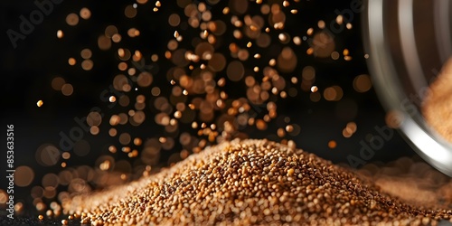 Scattered small brown teff grains against a black backdrop. Concept Food Photography, Grains, Teff, Healthy Eating, Still Life
