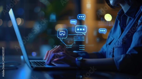 Chatbot conversational assistant. People using online customer service with chat bots for support.AI generated image photo