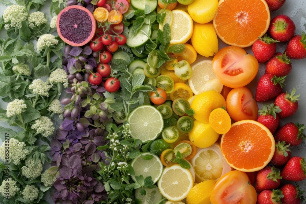 Fresh Assortment of Vegetables and Fruits Displayed in Gradient Rainbow Colors Fresh Assortment of Vegetables and Fruits Displayed in Gradient Rainbow Colors