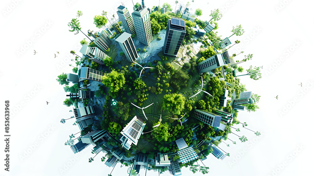 green tiny planet with forests, rivers solarcell and cities, Stock ...